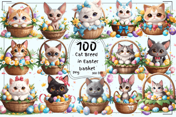 100 Cat Breeds in Easter Basket Clipart for Creators