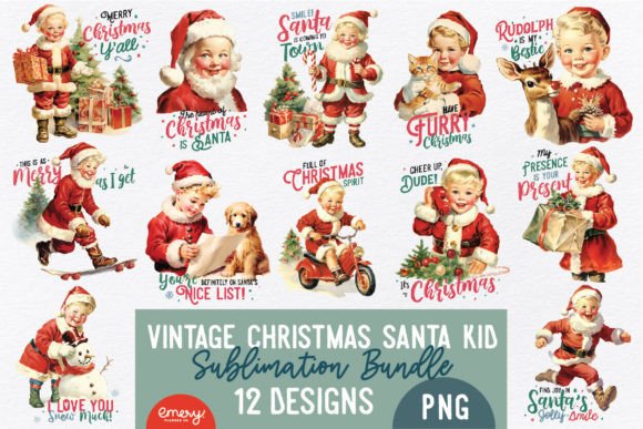 Charming Vintage Christmas Santa Kid Sublimation Designs