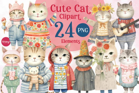 Cute Cat Clipart: 24 Elements for Creative Projects