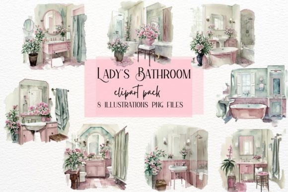 Elevate Your Projects with Watercolor Bathroom Interior Clipart