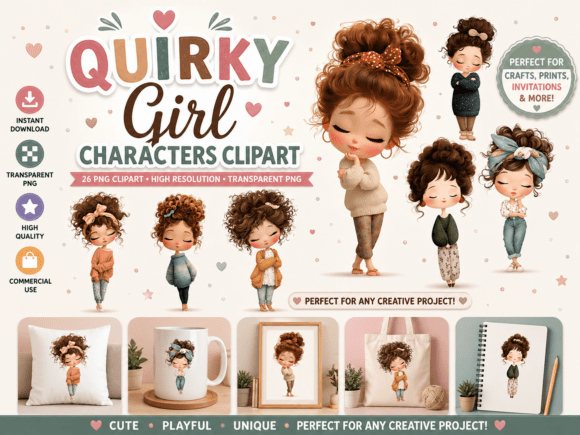 Quirky Girl Characters Clipart: A Design Asset with Personality