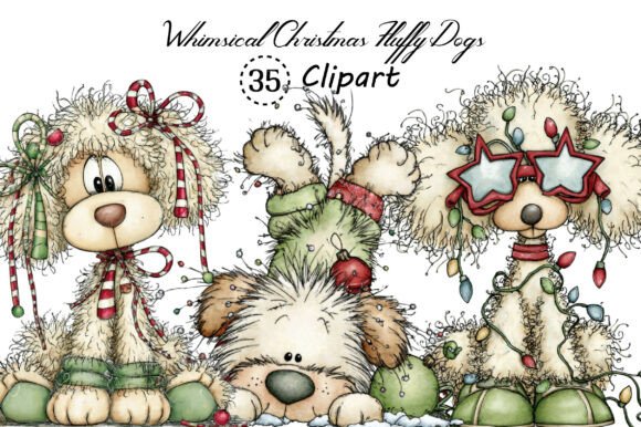 Whimsical Christmas Fluffy Dogs Clipart for Designers