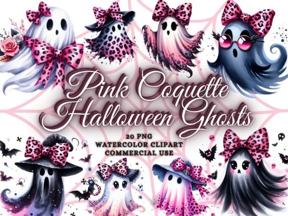 Whimsical Watercolor Pink Halloween Ghost Clipart for Modern Design